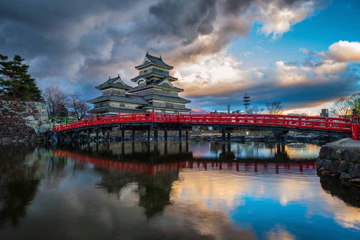red bridge leading to Matsumoto Castle at Sunrise on Matsumoto itinerary