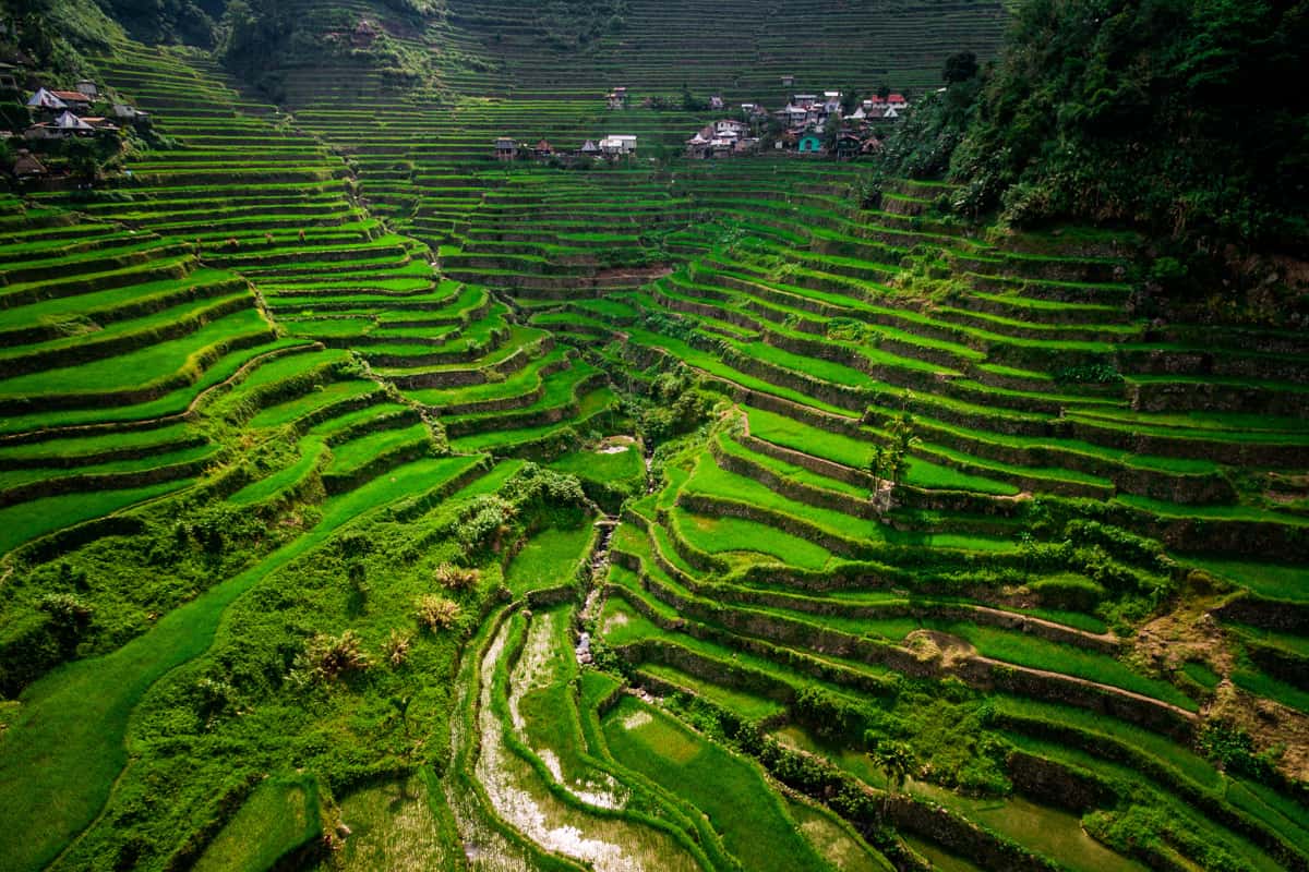 Aerial view of Batad Rice Terraces in Ifugao Province, Luzon Island, Philippines.