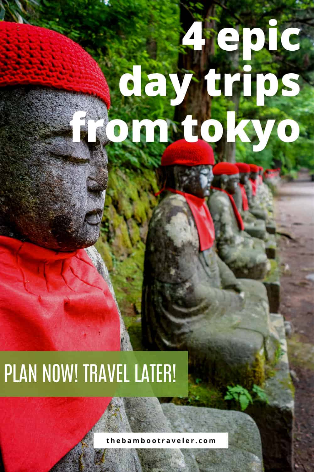 a row of Japanese statues wearing a red cap and bib