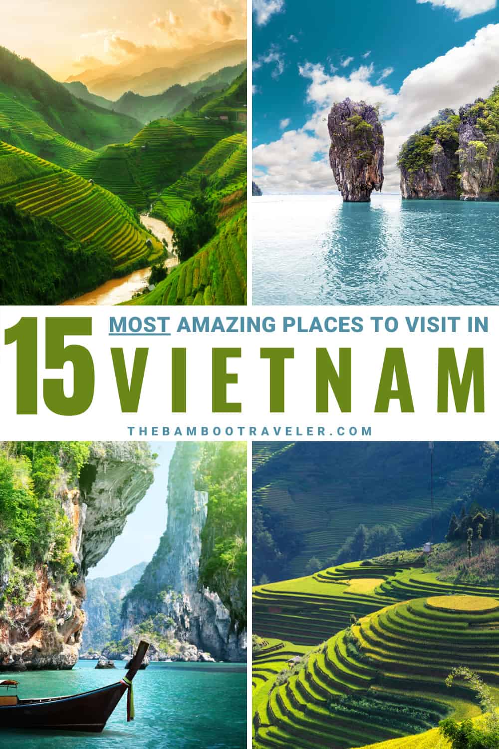 A collage of 4 photos of Vietnam--rice terraces and Halong Bay