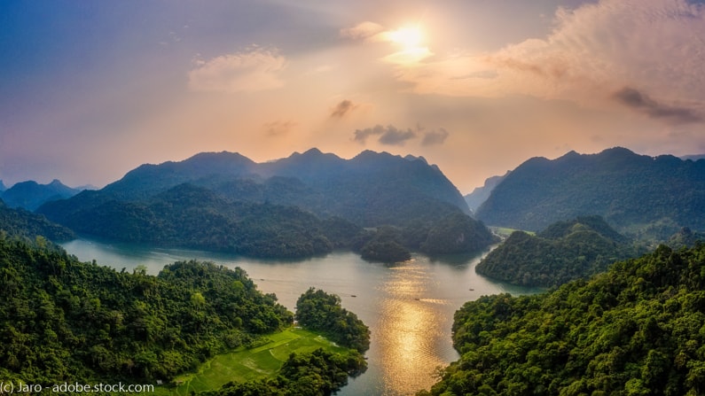 aerial view of Ba Be Lake at sunset in Vietnam