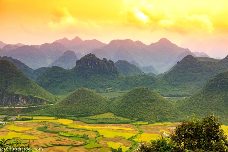 rice fields with two round hills in Ha Giang Province, Vietnam
