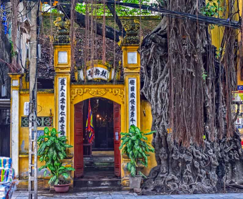 old yellow building with tree in front of it in Hanoi Vietnam