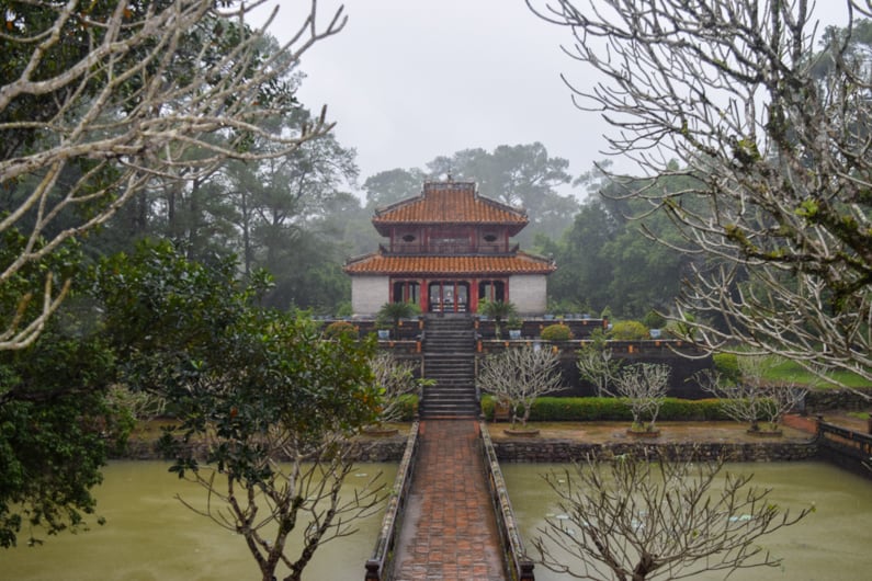 a lake and old temple in Hue, Vietnam
