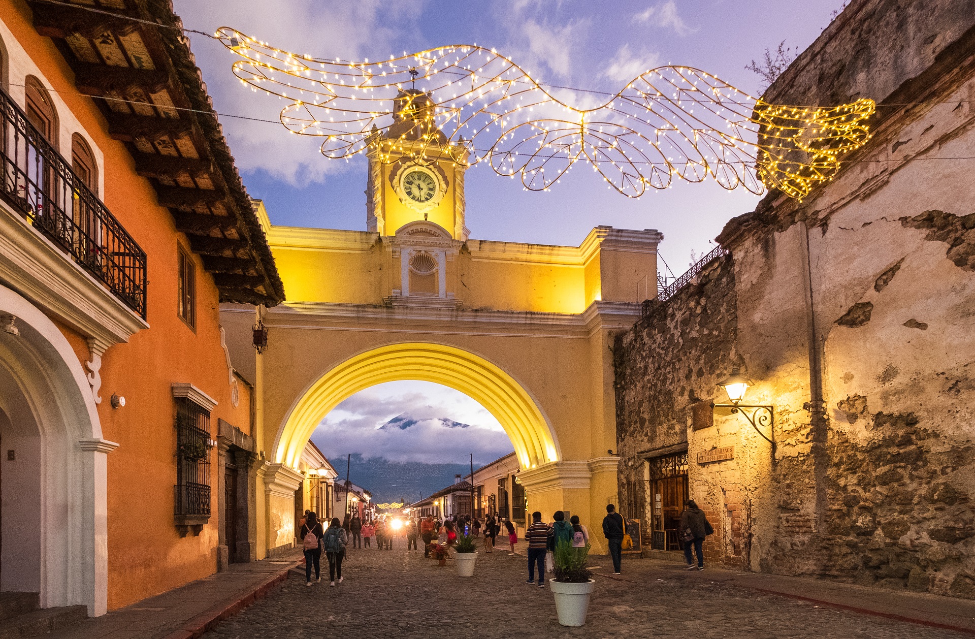 Calle del Arco at dusk in Antigua, Guatemala