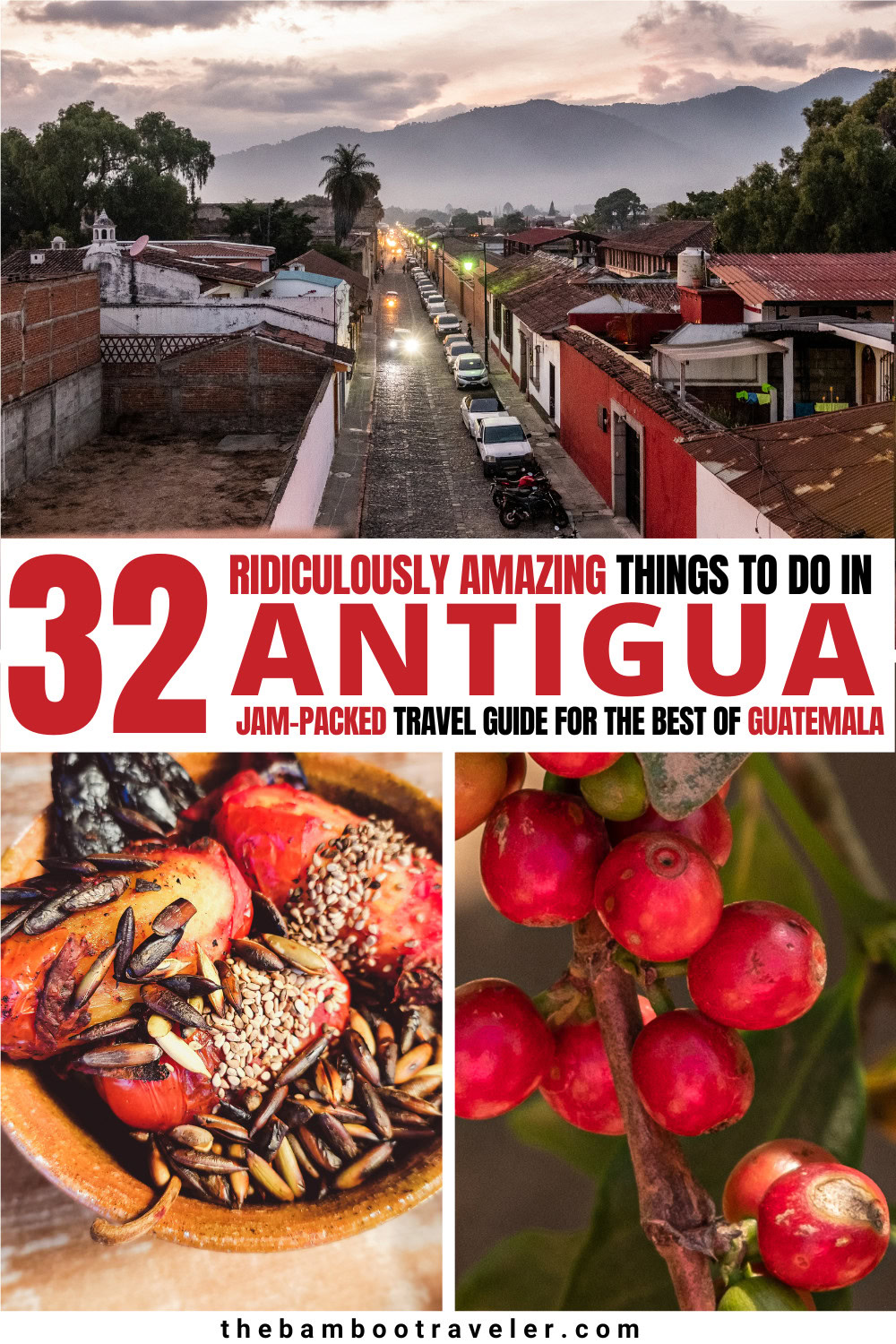 Things to do in Antigua - 3 photos of a street in Antigua, tomatoes, and coffee beans