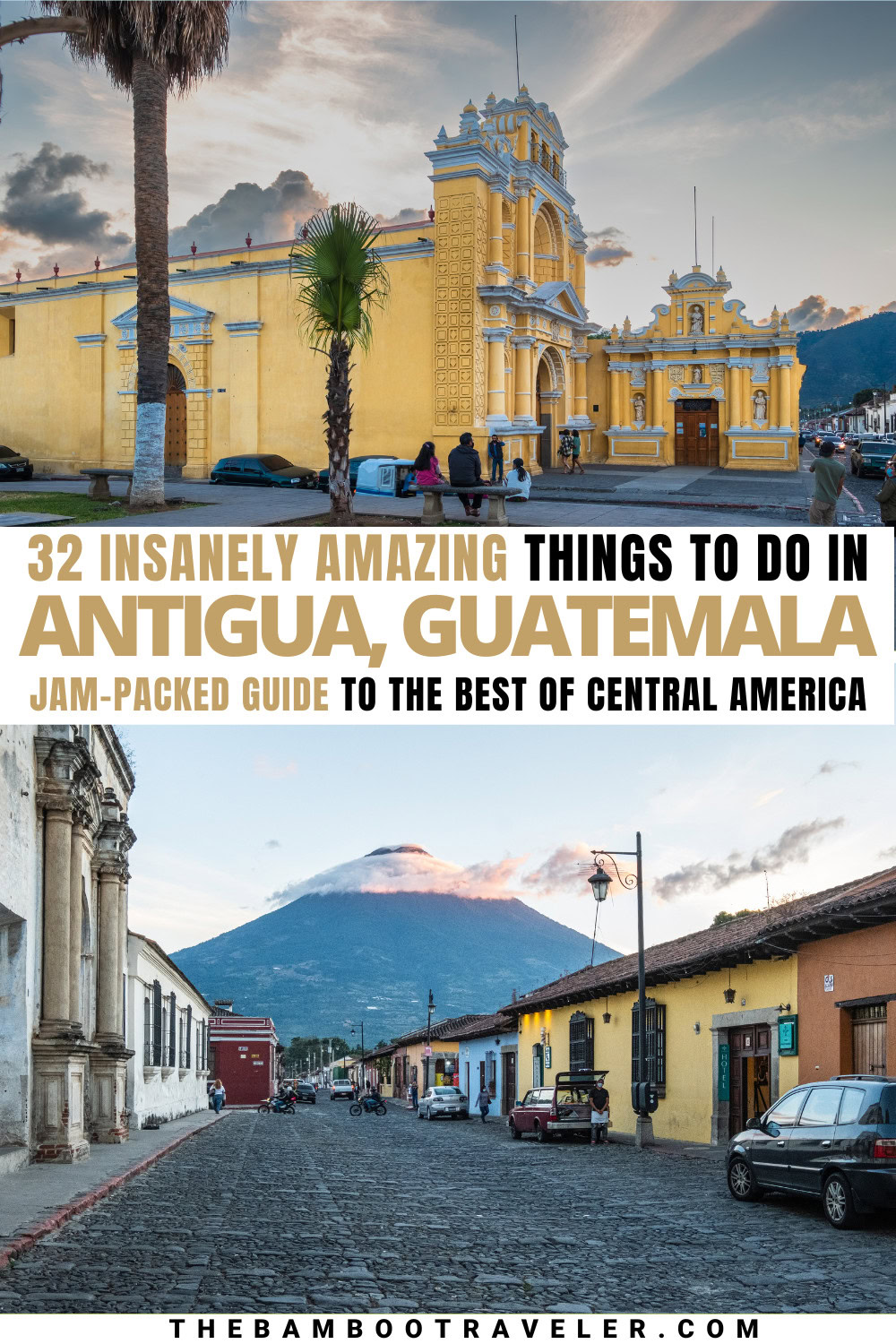 Things to do in Antiguaga Pin 2 a church and an empty street leading to a volcano