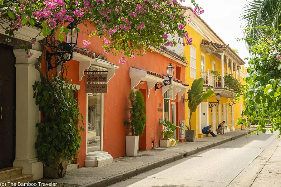 a street lined with colorful buildings in Cartagena, Colombia