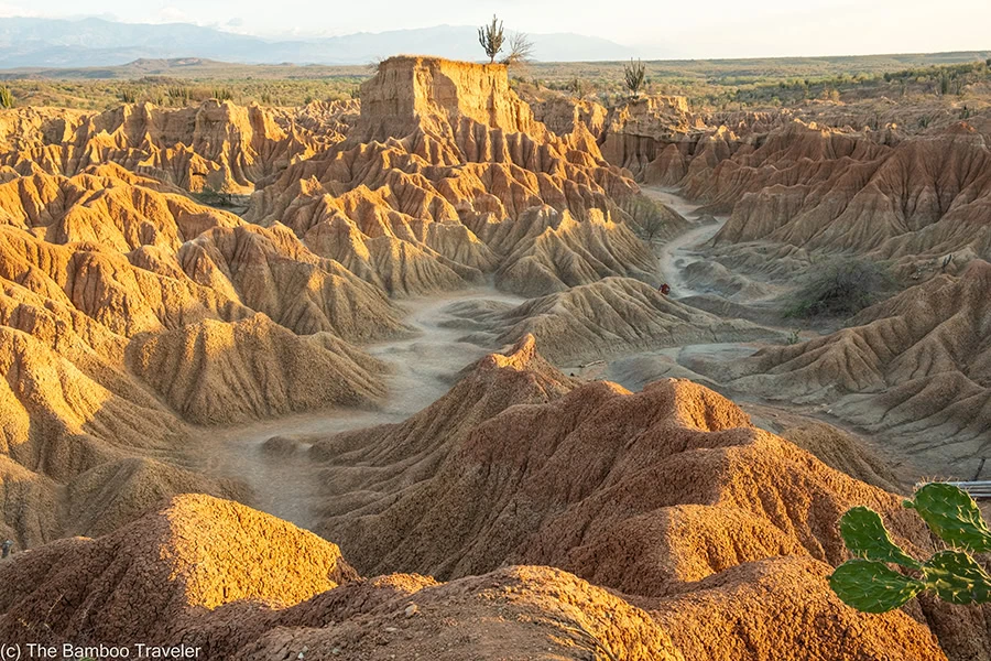 the sun setting behind a field of red clay formations