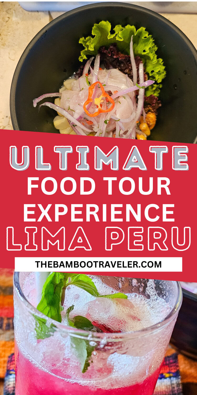 Lima Food Tour 271 Pinterest pin for Lima Peru food tour with photo of a bowl of ceviche and a drink with ice in it