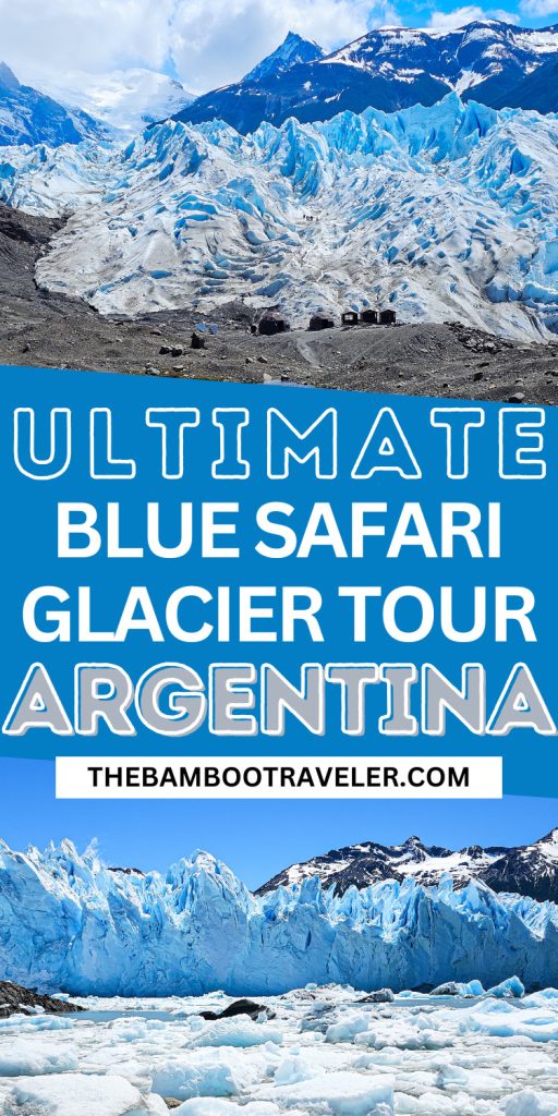 Close-up of the towering blue ice walls of Perito Moreno Glacier in Argentina during the Blue Safari boat tour. Jagged ice spires and deep crevasses contrast against the dark Andes mountains. Perfect for travelers looking to experience Los Glaciares National Park without the $300 trek price tag.