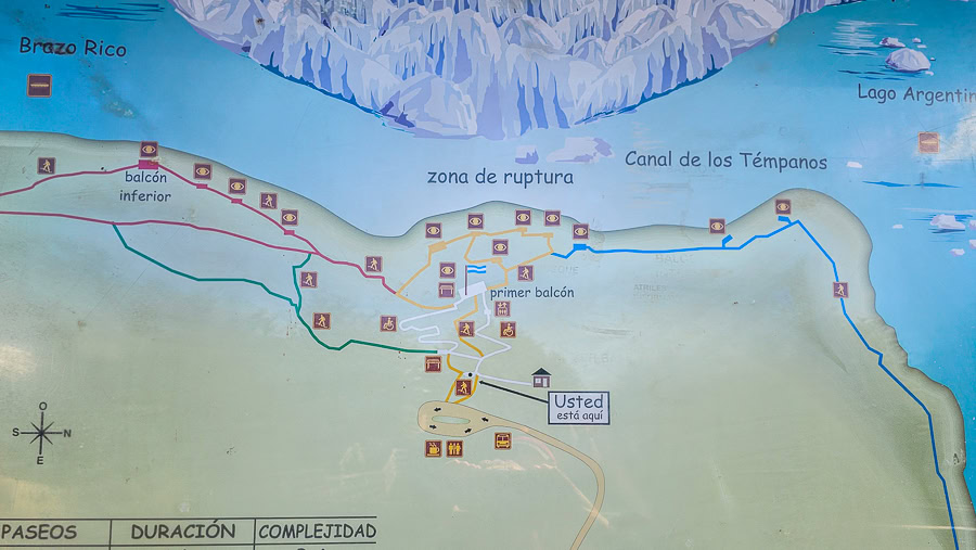 A tourist map of the Perito Moreno Glacier walkways, with labels including "Usted está aquí" (You are here), "primer balcón," and "balcón inferior."