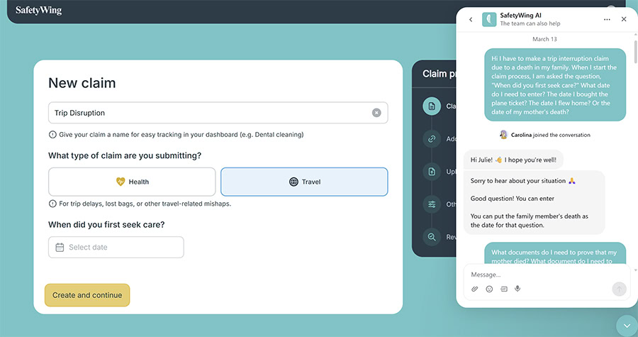 A screenshot of the SafetyWing insurance "New claim" interface showing a Trip Disruption form. A support chat window on the right features a conversation with an agent named Carolina, who is explaining which date to enter for a claim related to a family death.