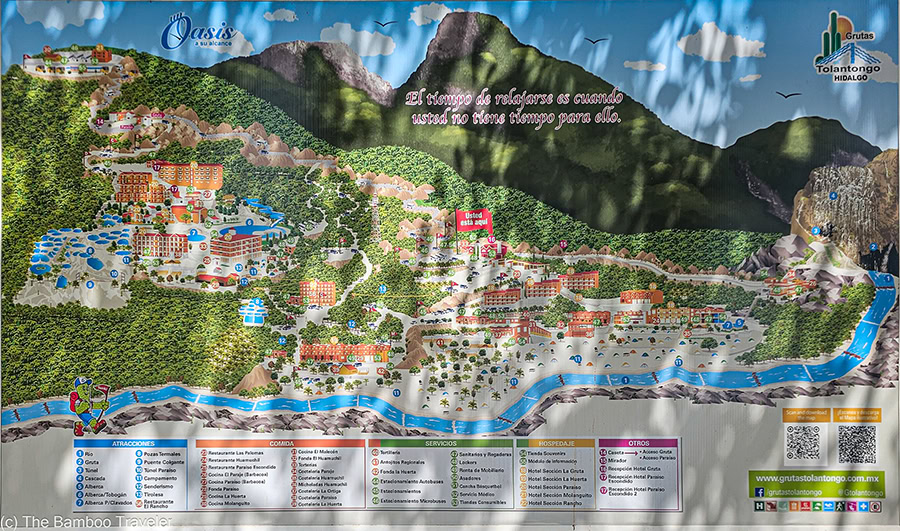 Official park map and resort guide sign at Grutas Tolantongo hot springs in Hidalgo, Mexico, showing the layout of thermal pools, hotels, and river attractions.